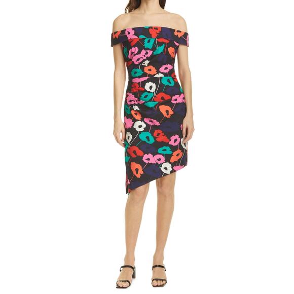 NEW Milly Ally Poppy Multicolor Floral Off The Shoulder Ruched Sheath Dress Sz 2 - Picture 1 of 12